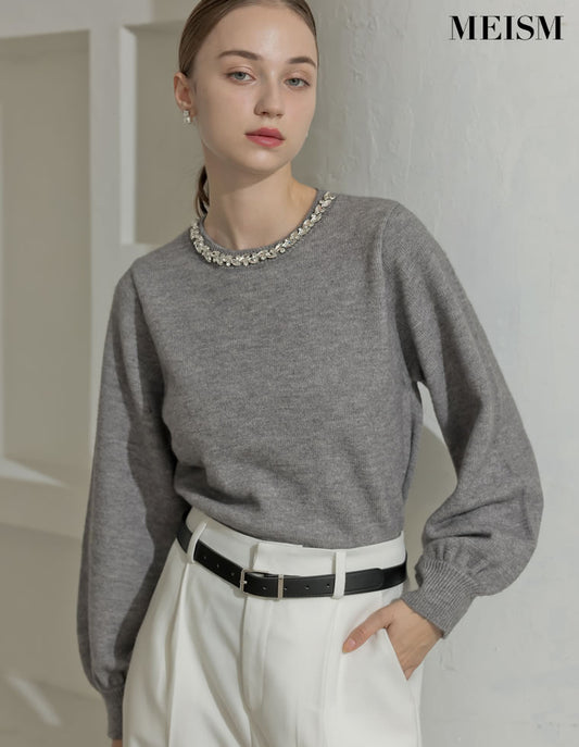 [2025-26 WINTER COLLECTION][MEISM by Re:EDIT]ビジュークルーネックパフスリーブニットプルオーバー