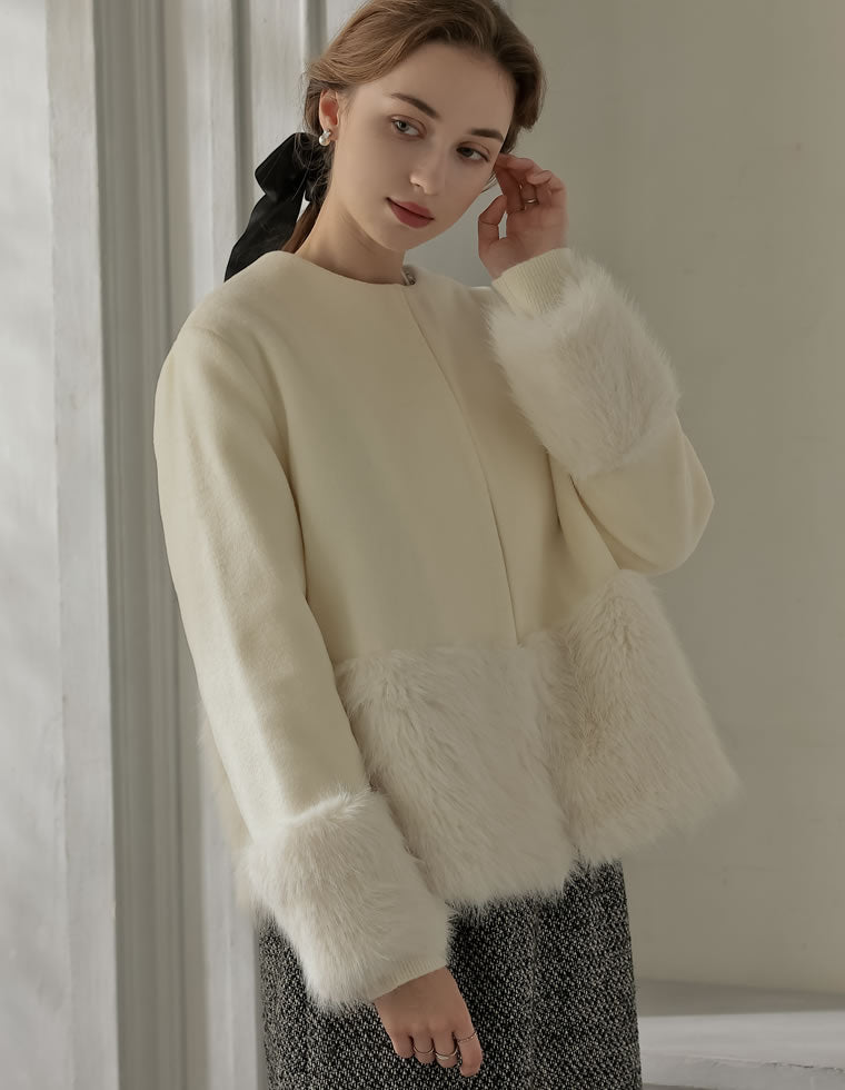 MEISM Re:EDIT SCサイズフェイクファー切り替えノーカラーコート 白 ファートリムノーカラーコート - ジャケット/アウター通販 | 人気