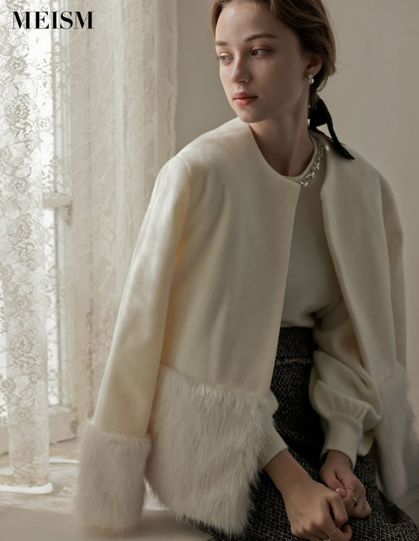 【MEISM LOOK BOOK 20%OFF対象】[MEISM by Re:EDIT][2025AW COLLECTION]異素材切り替えファートリムノーカラーコート