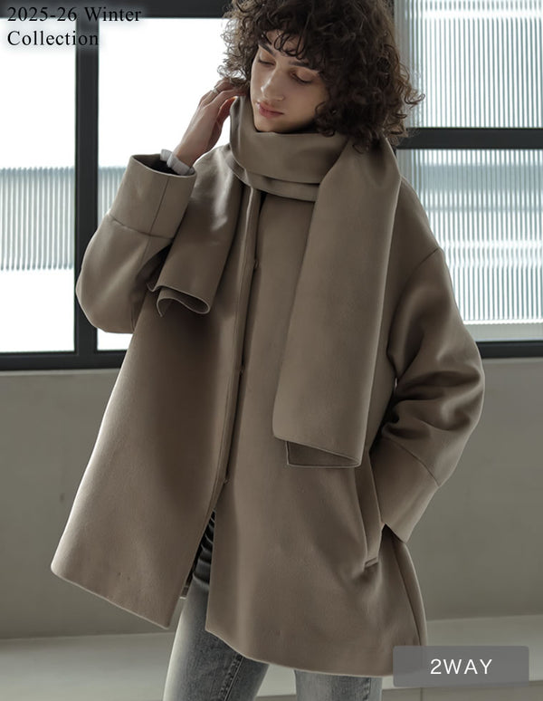 [2025 WINTER PRE ORDER][2点セット]フェイクウールスタンドカラーストール付きミドルコート
