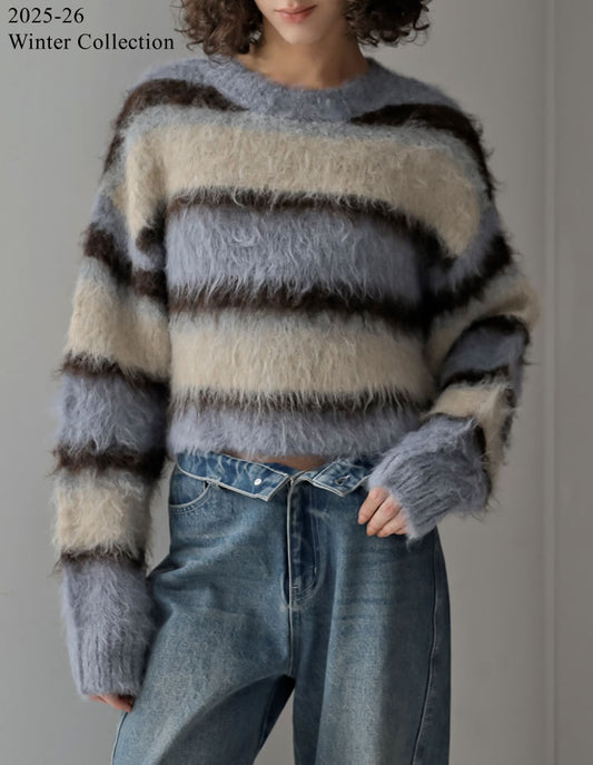 [2025 WINTER PRE ORDER]シャギーニットマルチボーダーショートトップス トップス 人気レディースファッション通販 リエディ