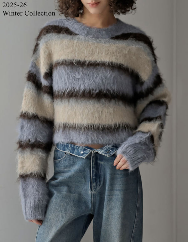 [2025 WINTER PRE ORDER]シャギーニットマルチボーダーショートトップス