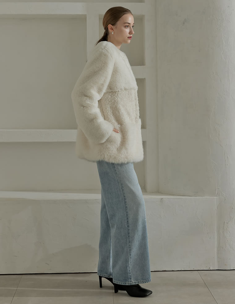 パッチワークボアファーノーカラーコート - ジャケット/アウター通販