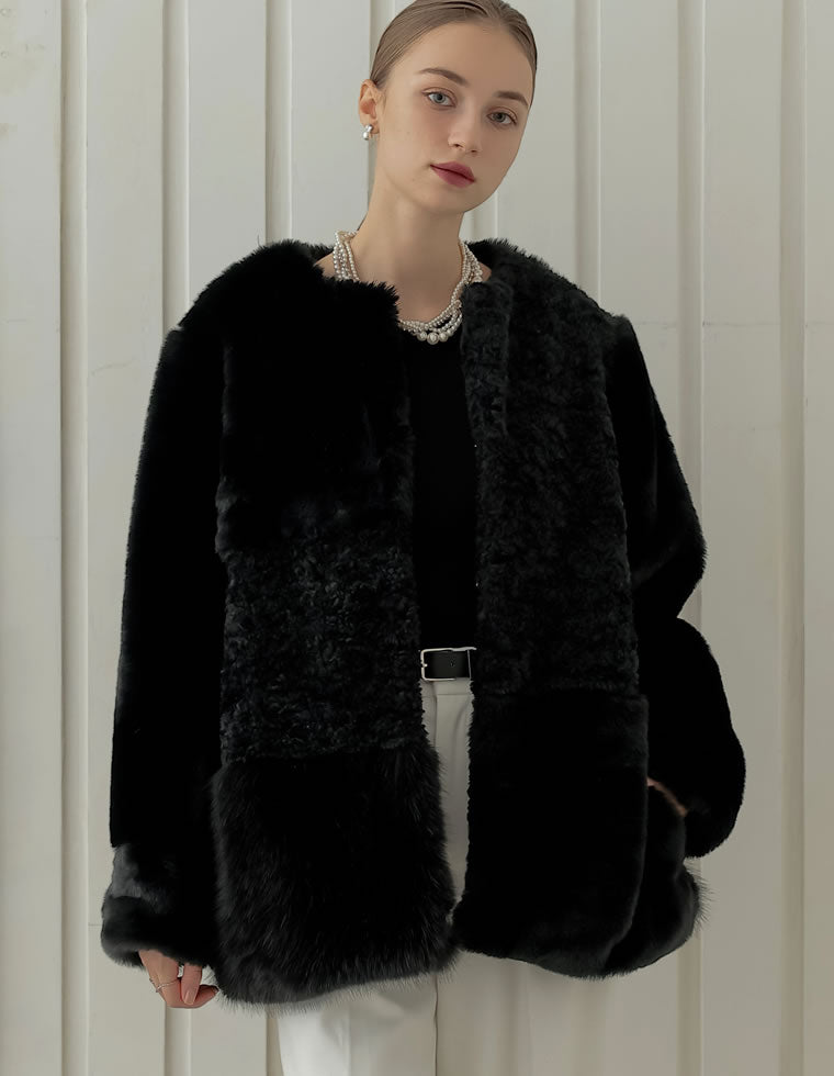 美品 42,900円 Diagram フェイクファー ノーカラーボア コート パッチワークボアファーノーカラーコート - ジャケット/アウター通販