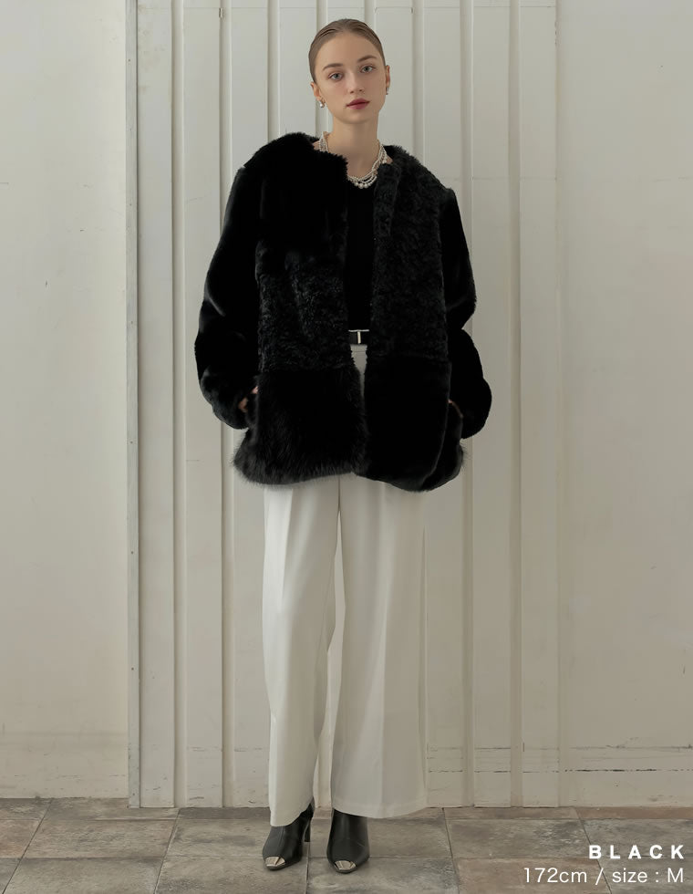 パッチワークボアファーノーカラーコート - ジャケット/アウター通販