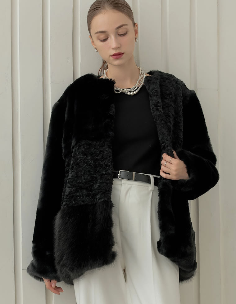 パッチワークボアファーノーカラーコート - ジャケット/アウター通販