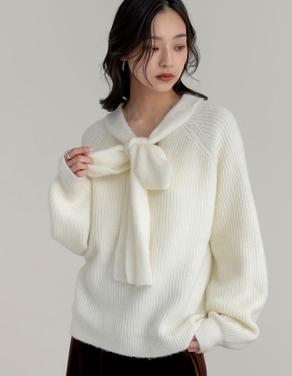 片畔ニットネックリボントップス