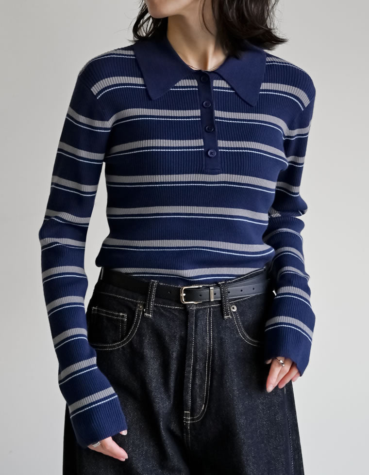 新品未開封 ETRETOKYO マルチボーダーニットポロ NAVY マルチボーダーポロニットトップス - トップス通販 | 人気レディース