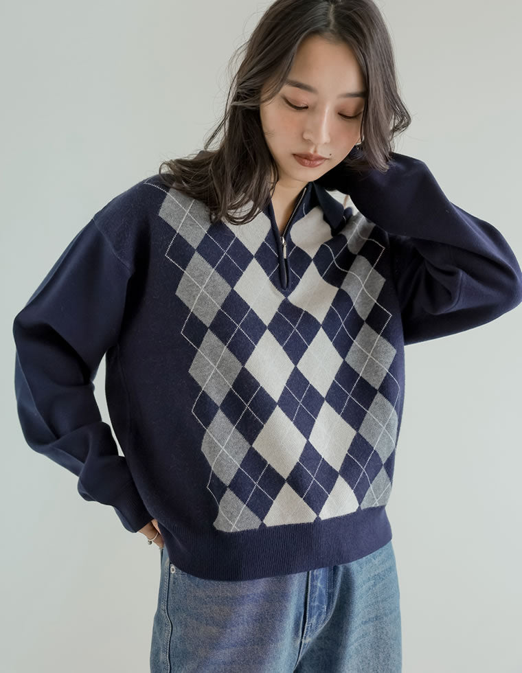 アーガイル柄ハーフジップニットトップス - トップス通販 | 人気