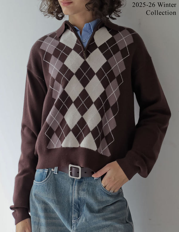 アーガイル柄ハーフジップニットトップス