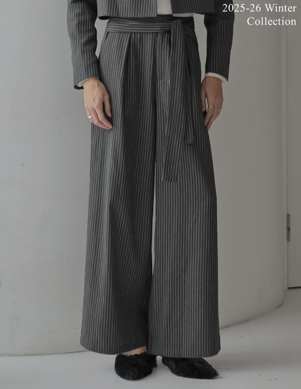 【PRE ORDER 20%OFF対象】[2025 WINTER PRE ORDER][低身長/高身長サイズ有]ストライプウエストラップデザインワイドパンツ