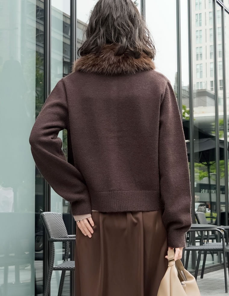 襟ポケットファー ジップアップニット / ブラウン Adoon plain セーター ニット Faux Fur Collar Double Zip Knit
