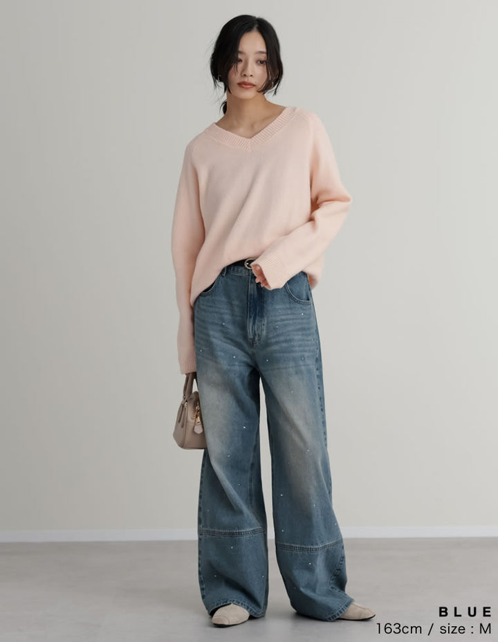 メタルストーン付きワイドストレートデニム - パンツ通販 | 人気 