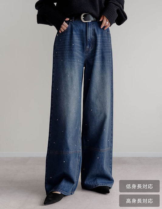 [低身長/高身長サイズ有]コットンデニムメタルストーン付きワイドストレートパンツ