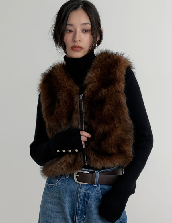 ジップ付きフェイクファーベスト