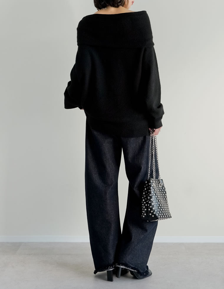 cottonニットワンショルダートップス　ブラック ワンショルダー風 ゆったり ニット トップス | レディースファッション