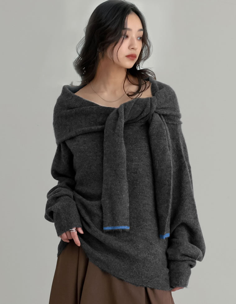 cottonニットワンショルダートップス　ブラック 肩掛け風ワンショルニットトップス - トップス通販 | 人気レディース