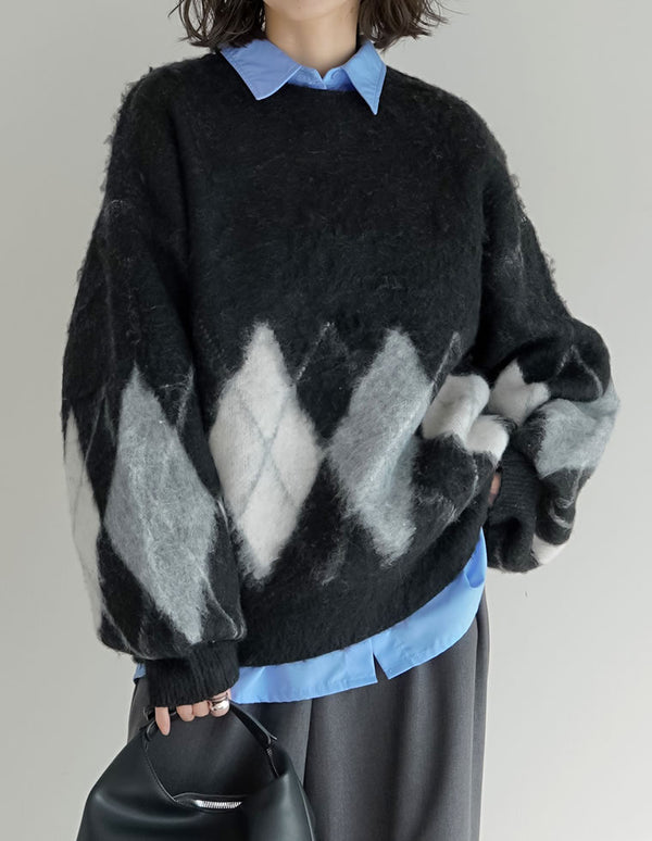 アーガイル柄シャギーニットプルオーバー