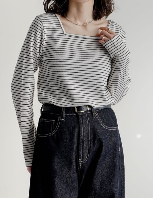 前後2WAY起毛フラッフィーボーダーカットソー長袖トップス