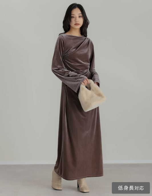 [低身長サイズ有]ベロアドレープマキシワンピース