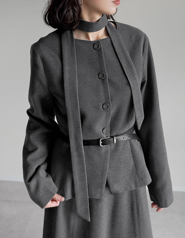 スカーフ付きウールライクノーカラージャケット