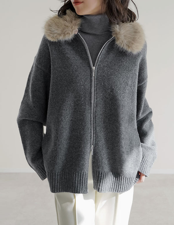 フェイクファー襟ダブルジップニットコート