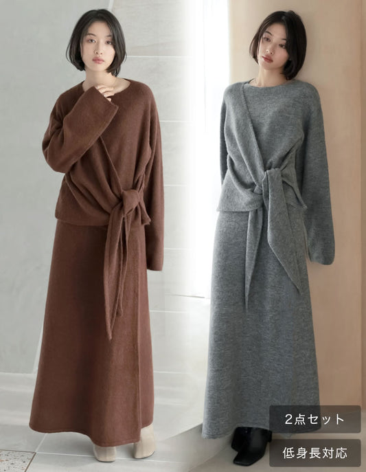 【20％ポイント還元対象】[2点セット][セットアップ][手洗い可能][低身長サイズ有]カシミヤタッチカシュクールニットトップス×スカート
