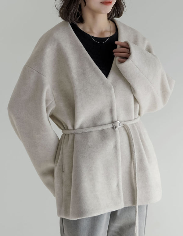 フェイクウールベルト付きノーカラーコート