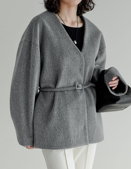 【TIME SALE 50%OFF】フェイクウールベルト付きノーカラーコート ジャケット/アウター 人気レディースファッション通販 リエディ