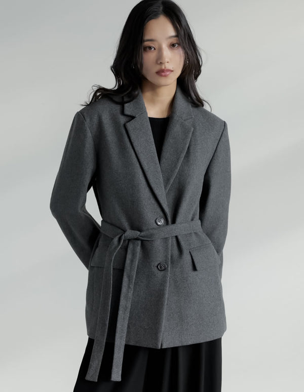 圧縮ウールライクウエストベルト付きテーラードジャケット