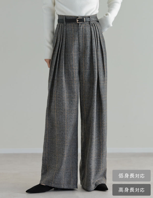 [低身長/高身長サイズ有]チェック柄ダブルタックワイドパンツ