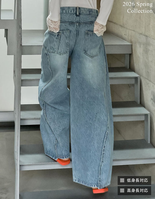 [2026S/S PRE ORDER][低身長/高身長サイズ有]サイドフリンジ切り替えアシンメトリーワイドデニムパンツ