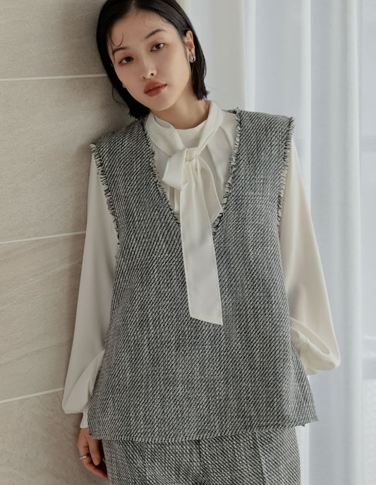 【20％ポイント還元対象】[大きいサイズ有]モノトーンツイードVネックベスト