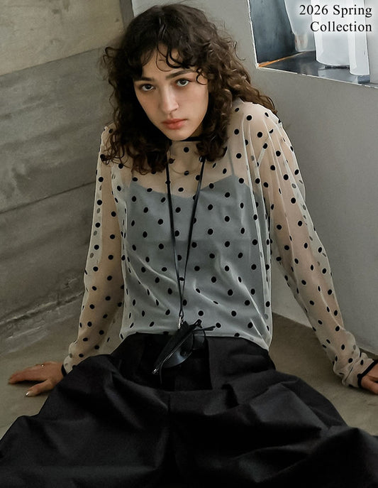 [2026S/S COLLECTION]フロッキードットチュールバックオープントップス[mb]