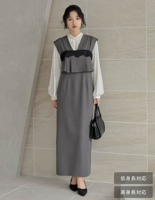 【20％ポイント還元対象】[2点セット][低身長/高身長サイズ有]ストレッチミックスツイルワンピース×レース付きビスチェセット