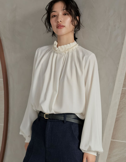 【20％ポイント還元対象】襟タックスタンドカラーブラウス