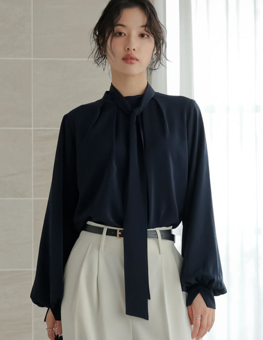 【20％ポイント還元対象】[2WAY]ボウタイリボン付きタックブラウス