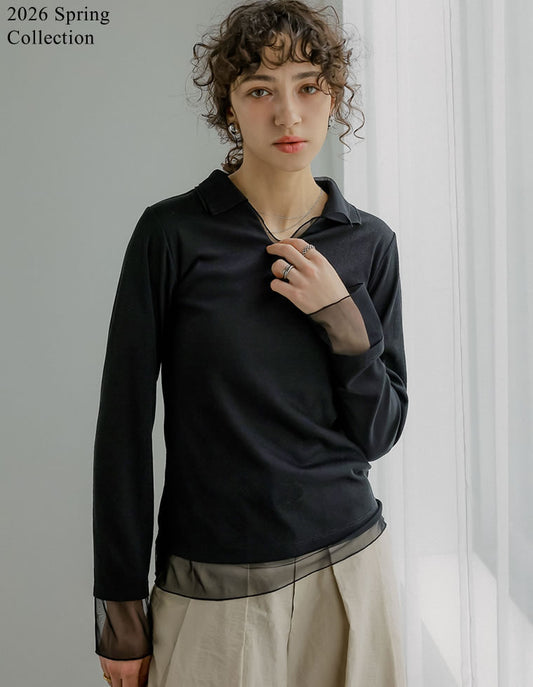 [2026S/S COLLECTION]リブカットソーチュールレイヤード風ポロトップス[mb]