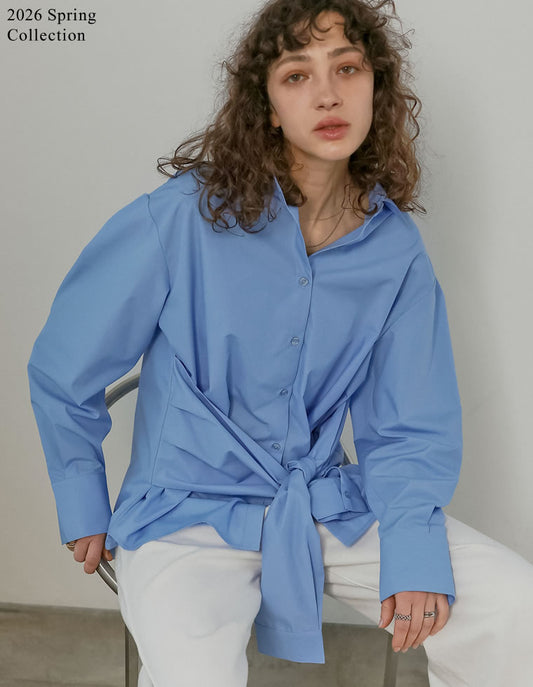 [2026S/S COLLECTION]ブロード無地＆ストライプウエスト巻きデザインシャツ トップス 人気レディースファッション通販 リエディ