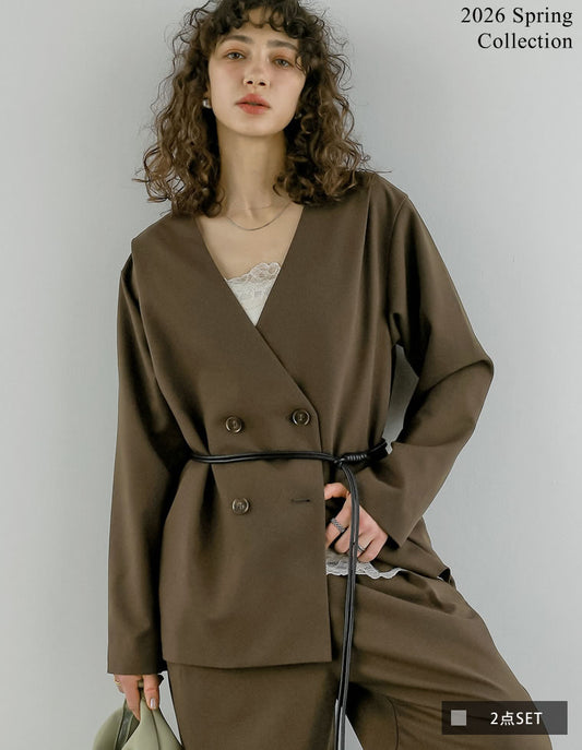 [2026S/S COLLECTION]レザーベルト付きノーカラーツイルジャケット ジャケット/アウター 人気レディースファッション通販 リエディ