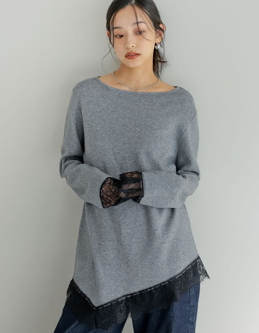 アシンメトリーレースヘムニットプルオーバー トップス 人気レディースファッション通販 リエディ