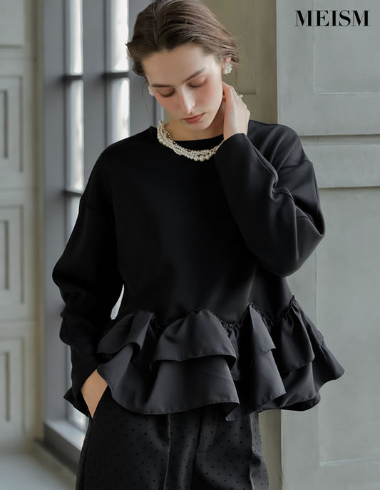 [2026S/S PRE ORDER][MEISM by Re:EDIT]ダンボールスウェットウェーブフリル切替プルオーバー トップス 人気レディースファッション通販 リエディ