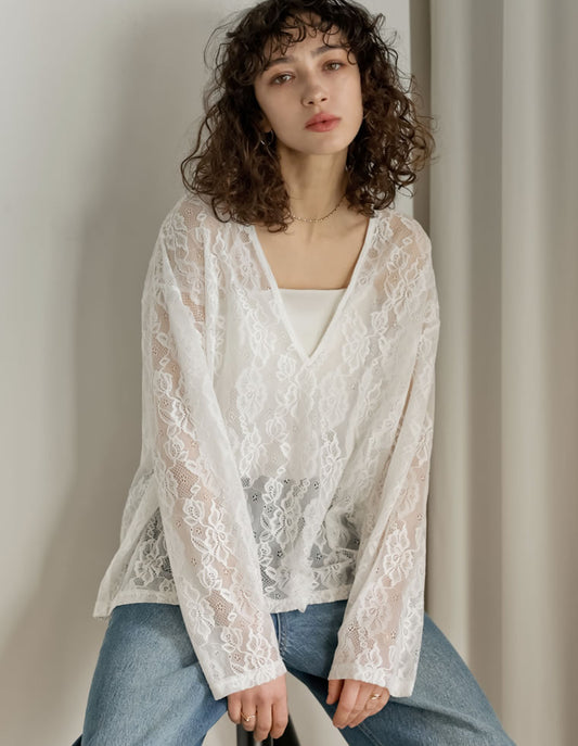【先行予約会！20%OFFクーポン対象 クーポンコード：SH_PRE20_260205】レースシアーVネックチュニック トップス 人気レディースファッション通販 リエディ