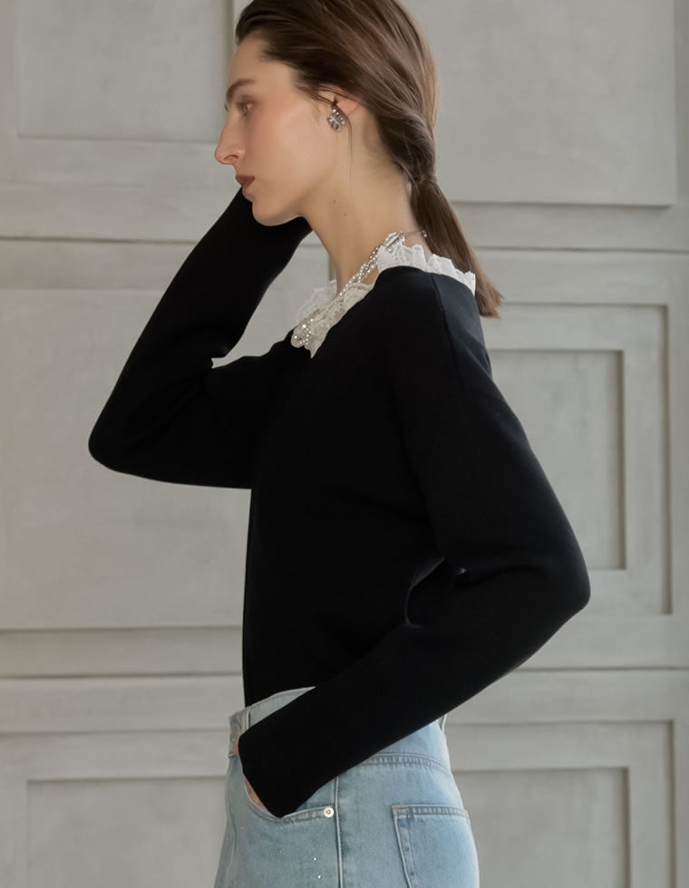 レッドヴァレンティノ / レース フリル ニット カットソー M ブラック RED VALENTINO - レッドヴァレンティノ / レース フリル ニット