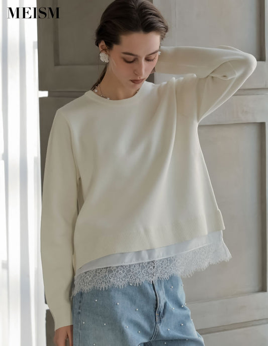 [2026S/S PRE ORDER][MEISM by Re:EDIT]スウェットライクレースヘムニット トップス 人気レディースファッション通販 リエディ