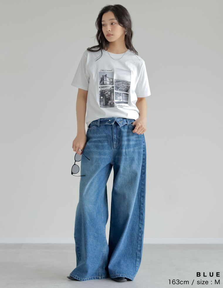 折り返しウエストワイドデニムパンツ - パンツ通販 | 人気レディース