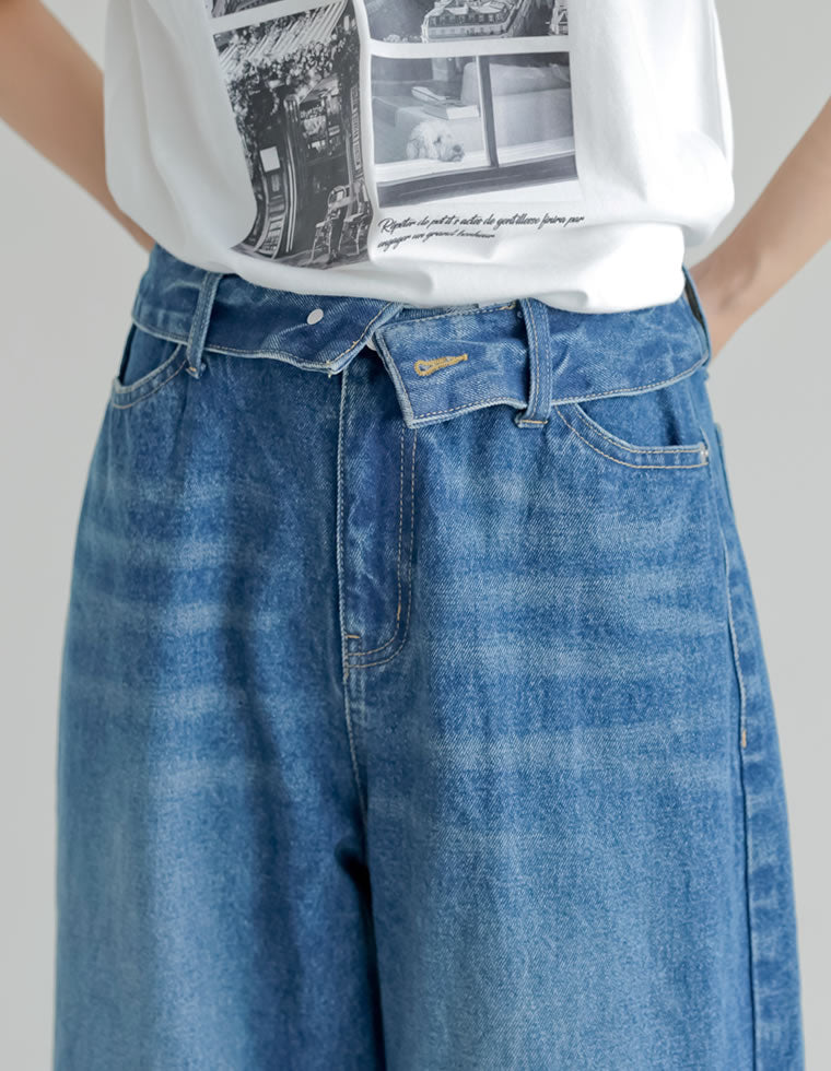 折り返しウエストワイドデニムパンツ - パンツ通販 | 人気レディース
