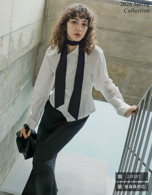 [2026S/S PRE ORDER][2点セット][低身長サイズ有]スカーフ付きピンドット柄セミマーメイドスカート