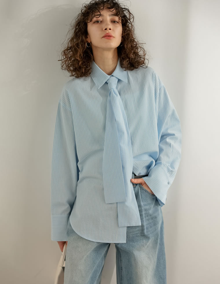 ボウタイリボンサッカーストライプシャツ - トップス通販 | 人気