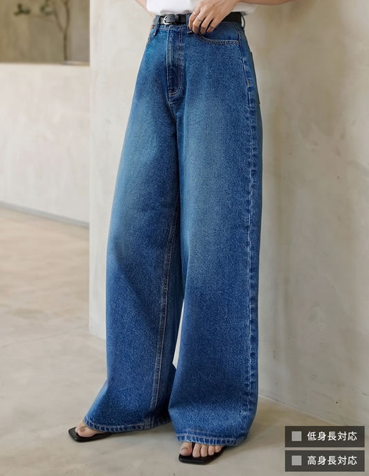 【TIME SALE 10%OFF】[DENIM COLLECTION][低身長/高身長サイズ有]コットンブレンドルーズフィットバギーデニムパンツ